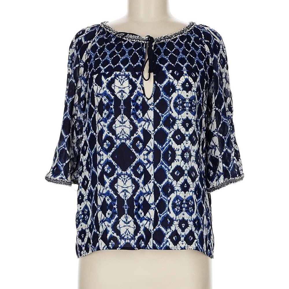 Fairycore BB Dakota Indigo and Cream Geometric Ikat Tassel Blouse